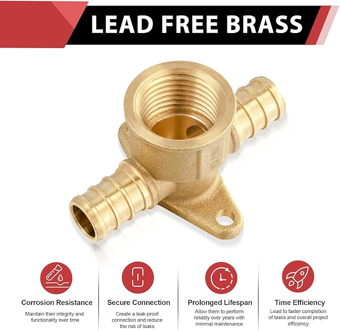 4-Pack EFIELD 1/2" Pex x 1/2" Pex x 1/2" Female NPT Drop-ear Tee, Barb Crimp Pex Brass Fitting, ASTM F1807,(PEX1807250)