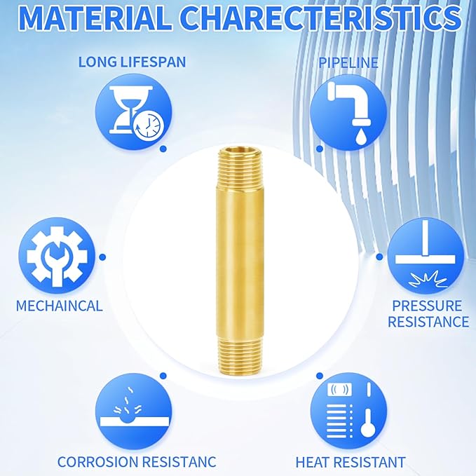 ChillWaves Brass Pipe Fitting, Long Nipple Pipe 3/8" NPT Male x 3/8" NPT Male Thread 4" Length(100MM)(2-PACK)