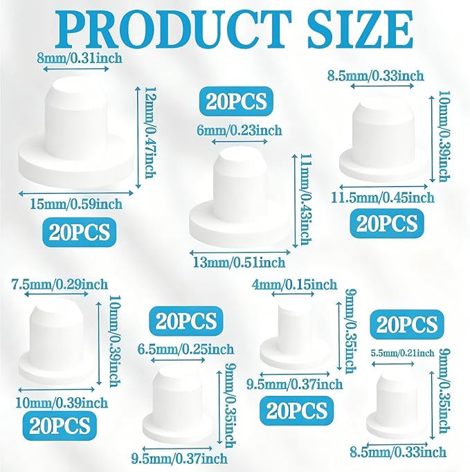 140Pcs White Rubber Plug Box, Round Hole Silicone Tool Various Sizes Rubber Plugs Round Holes, T-Type Flexible Stopper Sealing Covers for Car Wiring Furniture