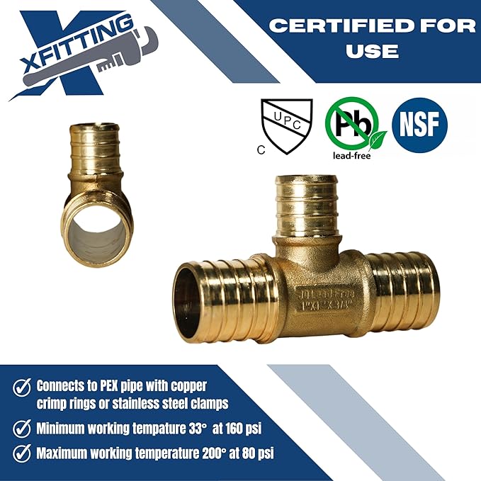 XFITTING 1 inch x 1 inch x 3/4 inch Pex Reducing Tee, Pex B Crimp Version 25-1-6=10X, 10 Pieces