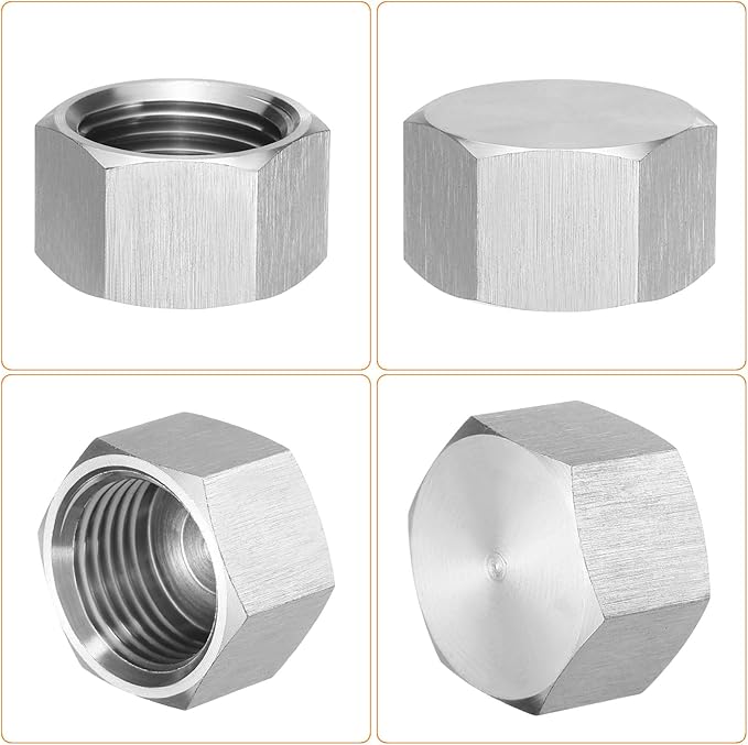 uxcell 2pcs Hex End Cap 304 Stainless Steel Nut with Washer, PT 1/2" Female Thread Pipe Fitting, Gas Line Water Line Stop Valve Cap Tubing Ends for Plumbing Fittings, Silver Tone