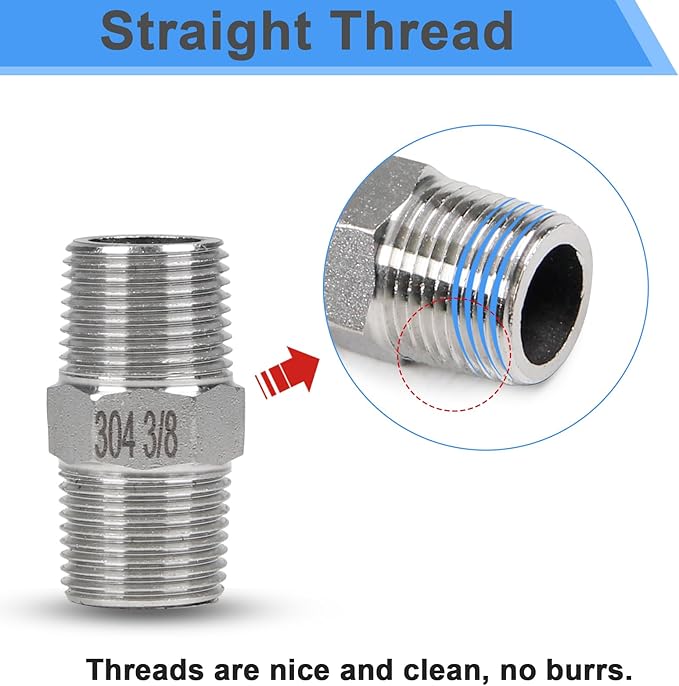 2Pcs 3/8" Male Hex Nipple Pipe Fittings, 304 Stainless Steel Threaded Adapter Fittings, 3/8 Inch Male Equal Nipples Connectors, Male Straight Threaded Pipe Fitting
