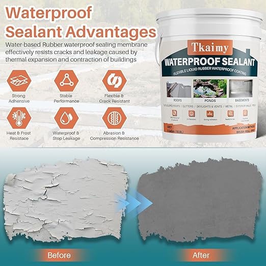 Polyurethane Waterproof Coating, Grey, 5 Gallon, Repair Leaks, Cracks, Roofs, Warehouses, Garages, Basements, Indoor & Outdoor Sealant Waterproof