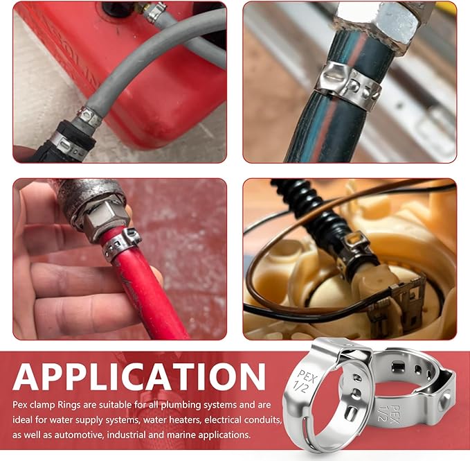 Newdeli 150Pcs Pex Crimp Rings 3/8" 1/2" 3/4" 5/8" 1" PEX Clamps Single Ear Hose Clamps Pex Fittings Cinch Pinch Clamp for Pipe Tubing Connections