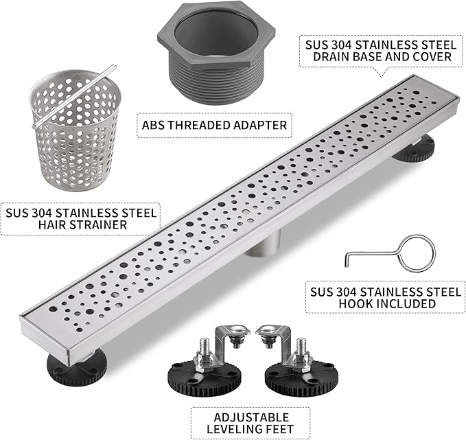 Linear Shower Drain 24 Inch, Bubbles Shower Drain SUS-304 Stainless Steel, 51L/Min Fast Drainage Floor Linear Drain, US Standard CUPC Certified, Brushed Silver, SD-099
