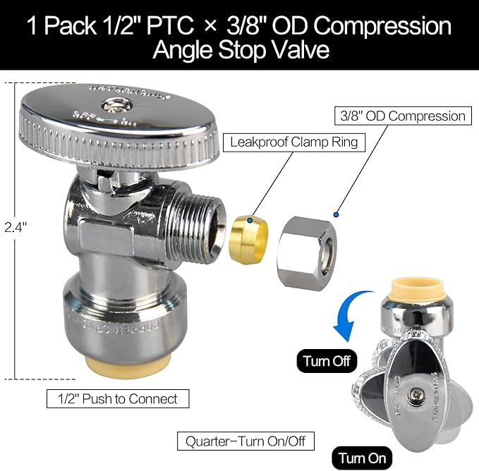 Stop Valves, 1/2" × 3/8" Angle Stop Valve, 1/2" PTC Input, 3/8" OD Compression Output, Push to Connect, 1/4 Turn, Chrome Plated Brass for Faucet, Toilet Valves, No Lead
