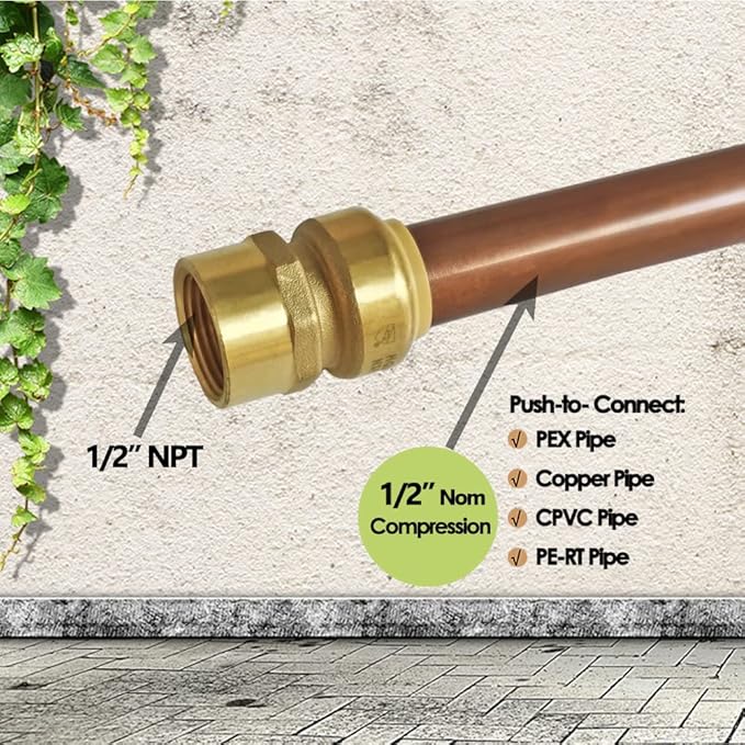 HQMPC Pex Fitting 1/2" Female Npt x 1/2" Straight Coupling Push Fit PEX Fittings Female, Push-to-Connect Copper, CPVC, No Pb Brass Plumbing Fittings (12, 1/2")