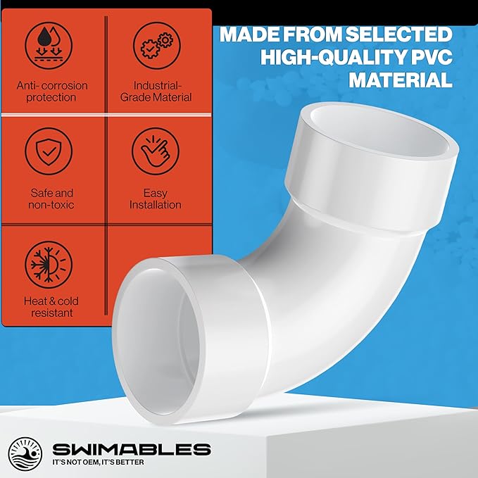 Swimables 2 Inch PVC Sweep 90 - Long Elbow Connector, Schedule 40 25 PVC Sweep 90 Degree Elbow, High-Flow Pipe Elbows Fitting, Compatible with Spa Plumbing & Waterway Installations (25 Packs)