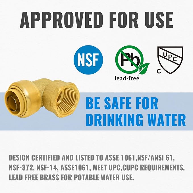 SUNGATOR 3/4 Inch Female Adapter Elbow, 3/4 Inch FNPT, No Lead Brass Push-to-Connect Plumbing Fittings for PEX Pipe, Copper, CPVC, with 1 Release Clip and 1 Sealing Tape, Pack of 4