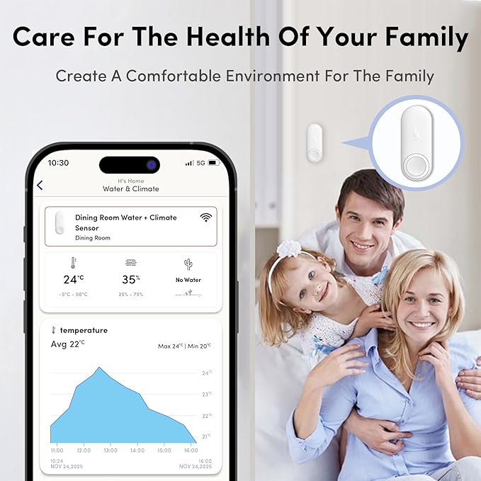Kangaroo Water Leak Detector+Climate Sensor,Hygrometer Thermometer with App Notifications,Wireless 2.4G WiFi,Humidity Temperature Alarm,for Home, Basement, Kitchen,Washroom,Bedroom