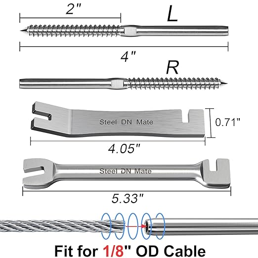 Steel DN Mate 20 Pack T316 Stainless Steel Right&Left Handed Thread Swage Lag Screws for Wood Post of 1/8" Steel Cable Railing Kit, Cable Railing Hardware, DIY Wood Baluster, Wrench Included DM10