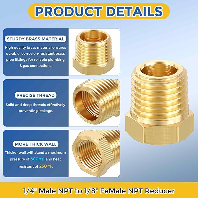 5 Pack Brass Pipe Fittings, 1/4" Male NPT to 1/8" FeMale NPT Brass Hex Bushing Reducer, Hose Tube Threaded Adapter for Air, Oil, LP