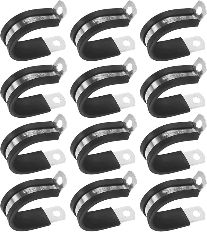 12-Pack Cable Clamps, 1-3/32 Inch/ 28 mm 304 Stainless Steel Rubber Cushioned Insulated Cable Clamp R Shape Metal Holder for Tube/Wire/Pipe/Loop Installation