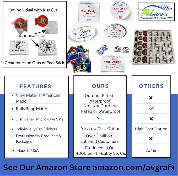 avgrafx 2 in Custom Stickers Vinyl Waterproof Dishwasher Safe, UV Resistant. Make Your Own Personalized Labels for Your Brand, Text Image, or Logo. Made USA.