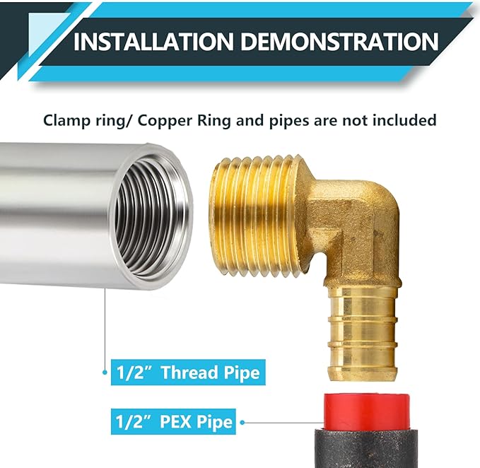 (10-Pack) PEX Fittings, Pex 1/2" x 1/2" Male Threaded NPT Elbow Adapter, Brass Crimp Fittings, for PEX Tubing Pipe Plumbing, ASTM F1807(PEX1807096)