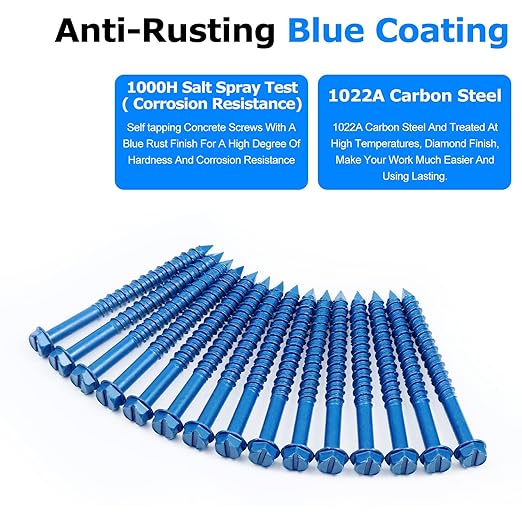 100PCS Concrete Screws Assortment Kit, 1/4" x 2-3/4" Masonry Screws with Drill Bit and Driver Bit, Hex Head Cement Screws and Anchor, Diamond Point, Self Tapping Concrete Brick or Stucco, Blue Coated
