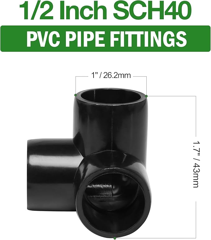 3 Way PVC Pipe Fittings 1/2 Inch, Zernmiarder Black PVC Elbow Corner Side Outlet Tee Fitting, SCH40 Furniture Grade Pipe Connectors - Fits 1/2" Polyvinyl Chloride Pipes, 4 Pieces