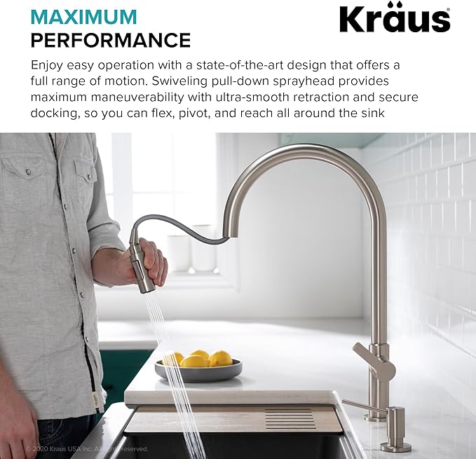KRAUS Oletto High-Arc Single Handle Pull-Down Kitchen Faucet in Brushed Brass, KPF-2821BB