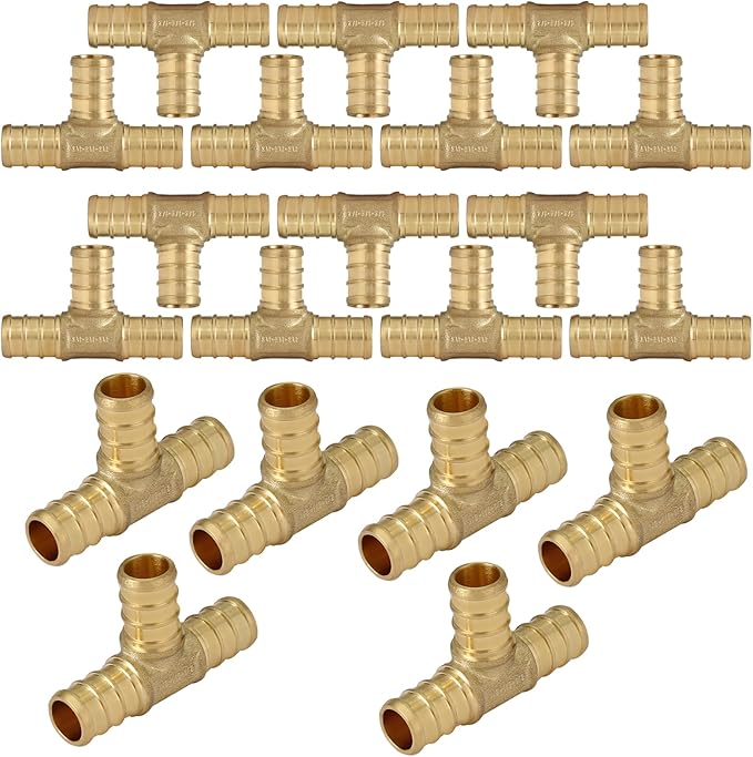 HeSun 20-Pack PEX Fittings, 1/2"x1/2"x1/2" Pex Tee, Brass Crimp Fitting for Pex Pipes, ASTM F1807