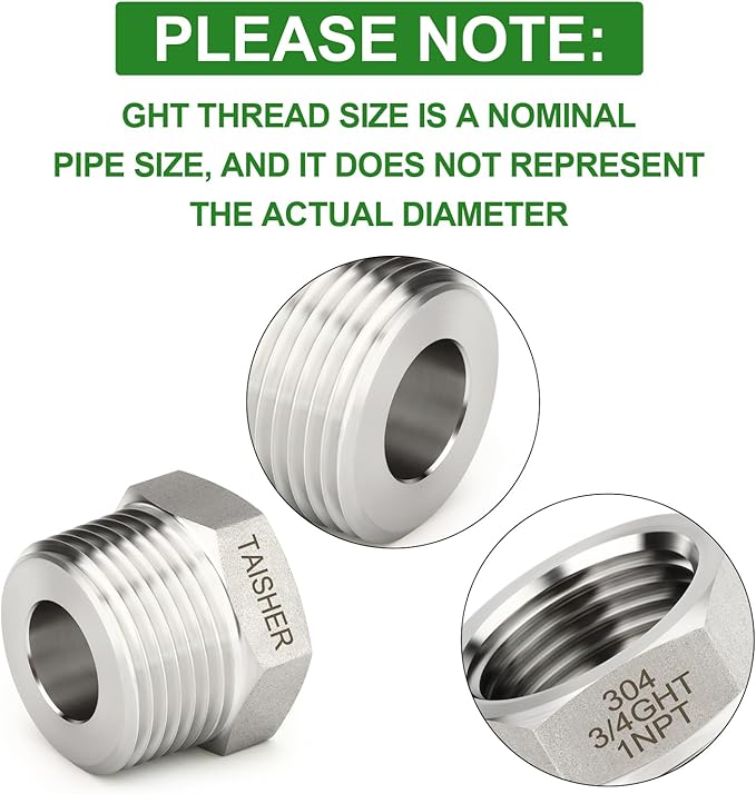 TAISHER 2PCS 304 Stainless Steel Garden Hose Adapter, Hex Bushing 3/4" GHT Female x 1" NPT Male Garden Hose Connector