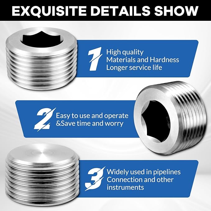 Stainless Steel Internal Hex Countersunk Male Thread Pipe Plug Connector, 1/4" NPT Male (pack of 5)