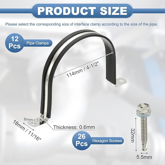 PATIKIL 12Pcs Pipe Clamps, 4-1/2 Inch 304 Stainless Steel Rubber Cushioned U Bracket Conduit Clamps Pipe Strap Wire Clips with Hexagonal Screw for Tube Hose Cord Installation, 114mm