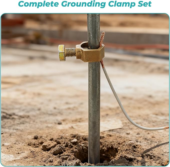 Copper Ground Clamp Set, Includes 2 Grounding Rod Clamps (1/2”–5/8”), for Ground Wire, Rebar & Water Pipe Connections