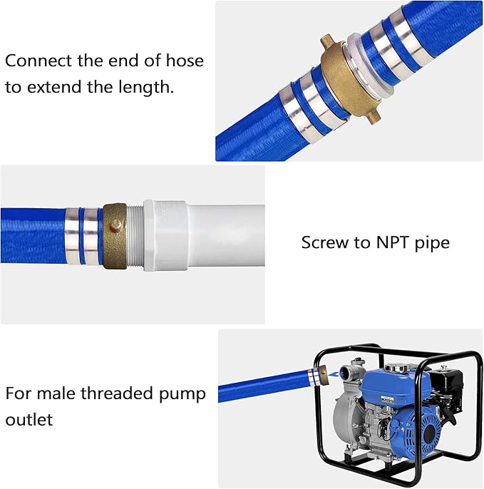 DAVCO 1.5" ID × 100 ft Pool Backwash Hose, Heavy Duty Reinforced Blue PVC Lay Flat Water Discharge Pump Hoses For Swimming Drain Pools and Clean Filters, With Aluminum Pin Lug Fittings