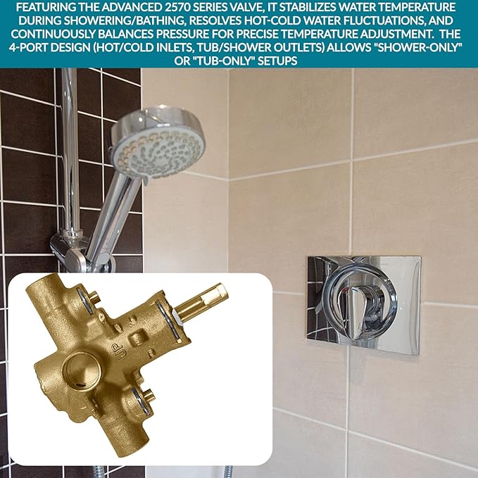 2570 Shower Valve, Pressure Balancing Cycling 4 Port Tub and Brass Shower Valves with Stops Replacement for Moen 2570-1/2 Inch CC Connections, For moen Trim Kit, Includes 1222 cartridge
