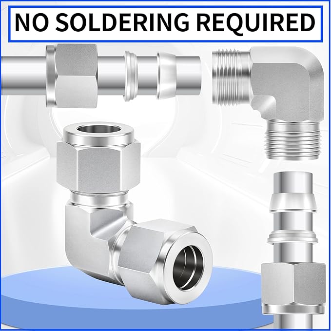 ChillWaves 304 Stainless Steel Compression Tube Fitting, 3/8" OD x 3/8" OD 90 Degree Elbow Compression Union Connector(2-PACK)