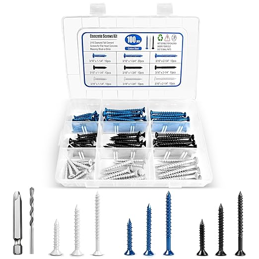 100PCS Concrete Screws Assortment Kit, 3/16" Flat Head Masonry Screws with Drill Bit and Driver Bit, Cement Screws for Concrete Brick, Diamond Point