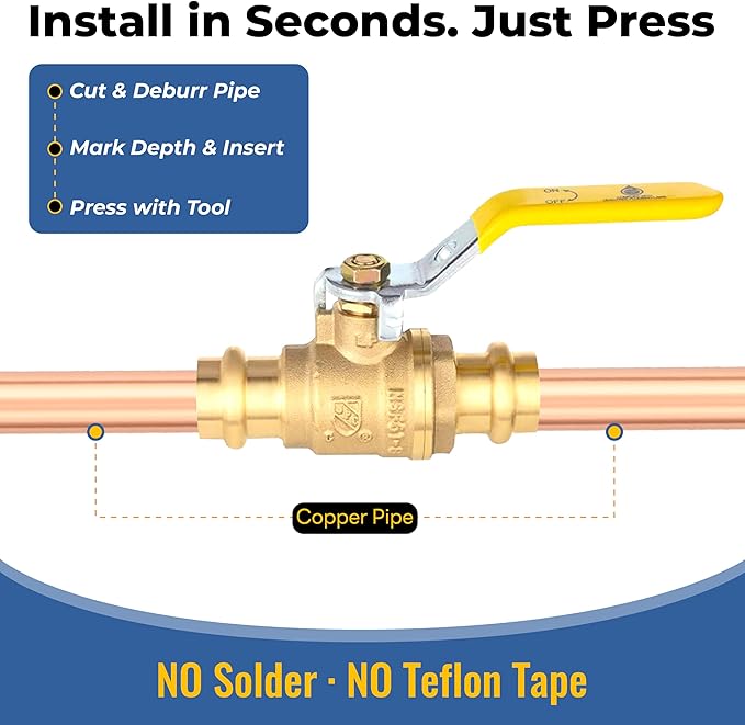3/4-Inch Copper Press X Press Ball Valve for Copper Tubing,Brass Full Port Water Stop Shut Off Ball Valve,1/4 Turn with EPDM O-ring(Pack of 50)(VALVE243-50Pack)