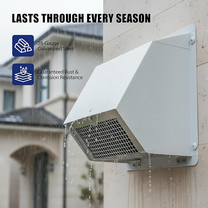 8 Inch Dryer Vent Cover Outside, White Wall Dryer Vent Cap, No-Pest Metal Vent Covers for House Exterior