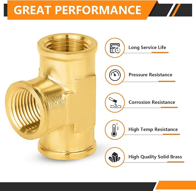 5-PCs HeSun Brass Pipe Fitting, 1/2" x 1/2" x 1/2" NPT Female Thread Tee