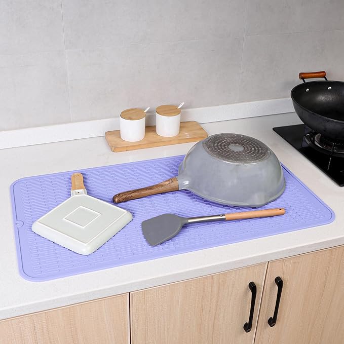 Silicone Dish Drying Mat for Multiple Usage,Easy clean,Eco-friendly,Heat-resistant Silicone Mat for Kitchen Counter or Sink,Refrigerator or Drawer Liner Light Purple 4XL 32 inches x 18 inches
