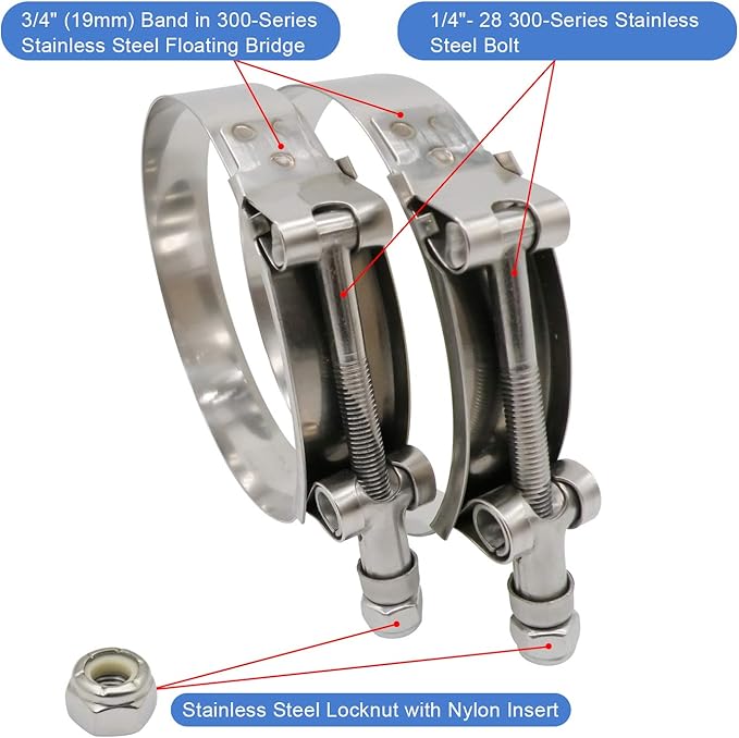 ROADFORMER 148mm - 155mm T-Bolt Hose OD Clamp - Working Range 5.81" - 6.12" for 6 inch Hose OD, Stainless Steel Bolt, SS Band Floating Bridge and Nylon Insert Locknut (148mm - 155mm, 2 pack)