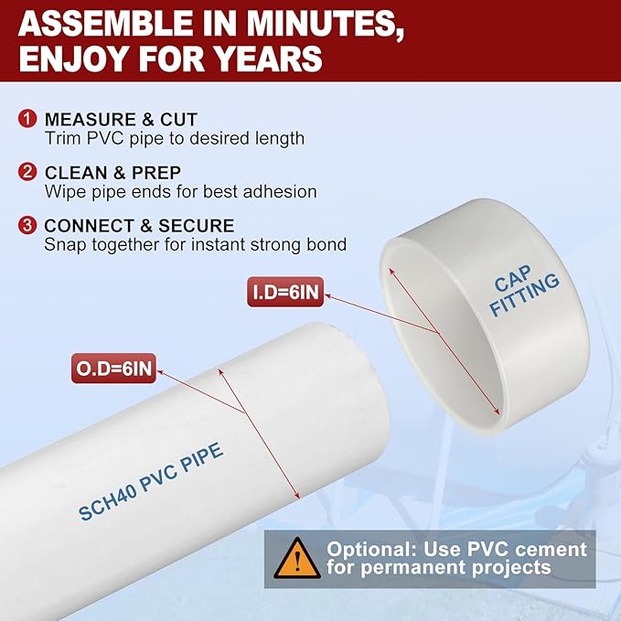 1Pcs 6" PVC External End Cap Fitting, SCH40 Furniture Grade PVC Pipe Plug Adapter, Pipe Cover Fittings for DIY Project, Irrigation System, Plumbing Framework, Garden Structures