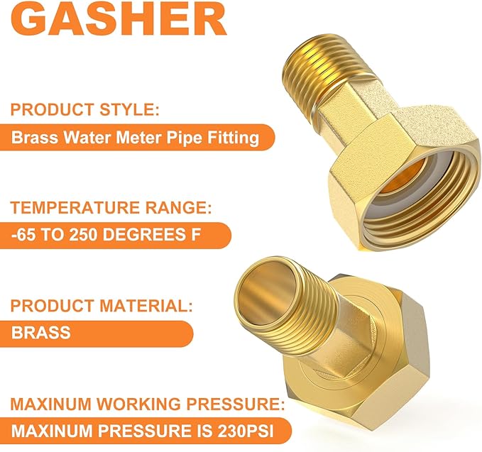 GASHER 2Pcs Brass Water Meter Pipe Fitting，1/2" NPT Male x 3/4" Female Adapter Pipe Fitting