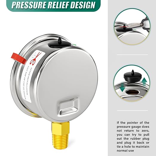 0-200psi Stainless Steel 1/4" NPT 2.5" Dial, Glycerin Liquid Filled Pressure Gauge Lower Mount Designed for Pressure Testing of Water, Oil and Air (with Range Mark Pointer)