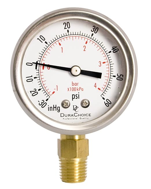 2" Oil Filled Vaccum Pressure Gauge -Stainless Steel Case, Brass, 1/4" NPT, Lower Mount Connection, 30HG/60PSI