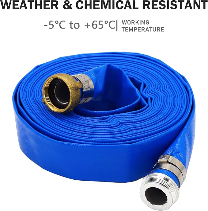 DAVCO 3" ID × 50 ft Pool Backwash Hose, Heavy Duty Reinforced Blue PVC Lay Flat Water Discharge Pump Hoses For Swimming Drain Pools and Clean Filters, With Aluminum Pin Lug Fittings