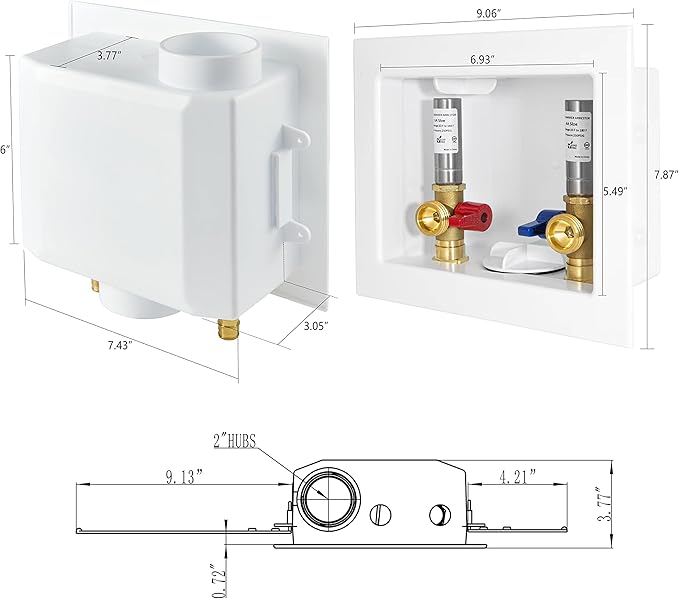 EFIELD Washing Machine Outlet Box with Center Drain 1/2-inch Push-Fit White, with Stainless Water Hammer Arrestor,(WM010)