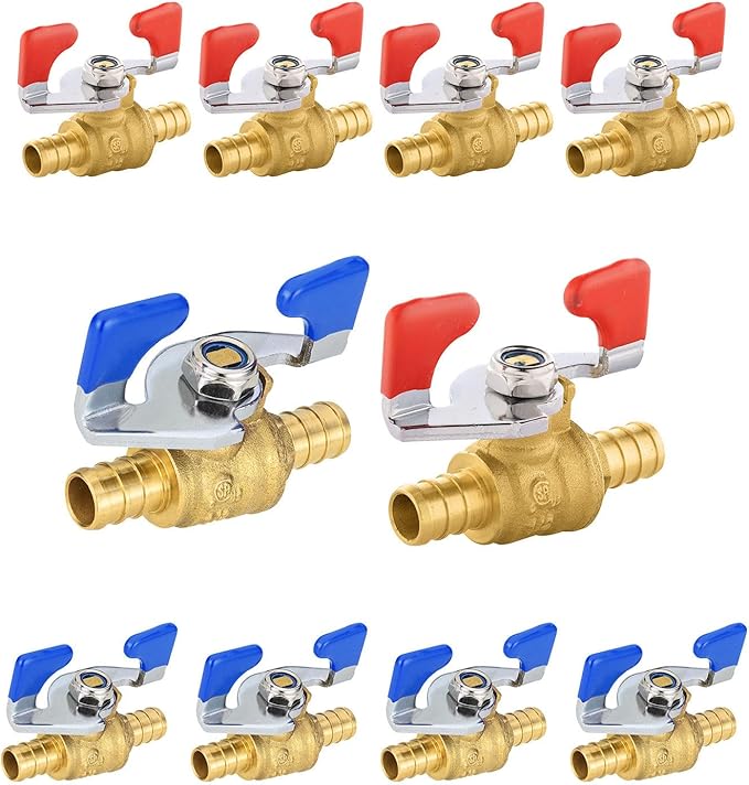10PCS Foskan 1/2" PEX Crimp Ball Valve, Brass Full Port Shut-off Valve with Blue/Red Butterfly Handle for Portable Water Poject