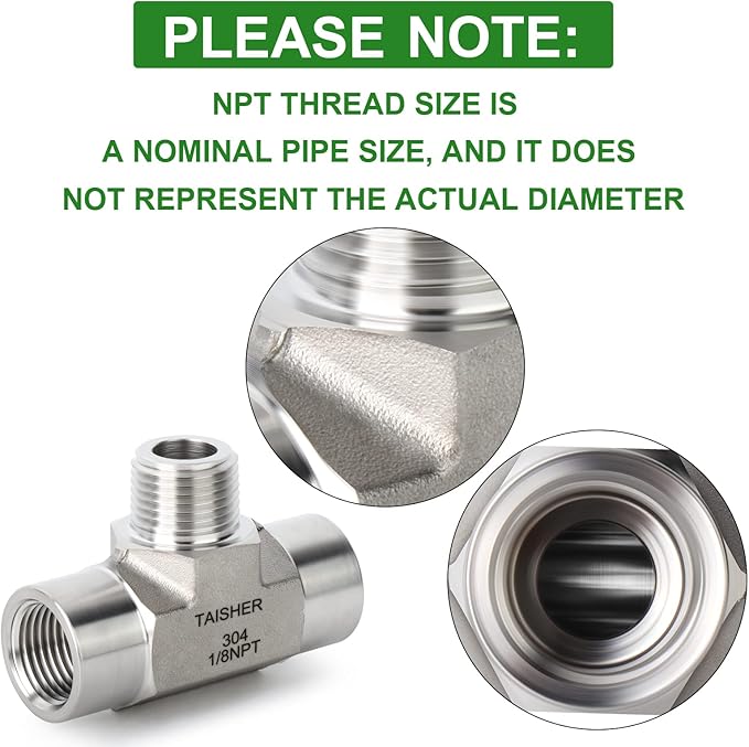 TAISHER 2PCS Forging of 304 Stainless Steel Tee Pipe Fittings, 1/8" NPT Female x 1/8" NPT Male x 1/8" NPT Female Pipe Fittings, Male Branch Tee