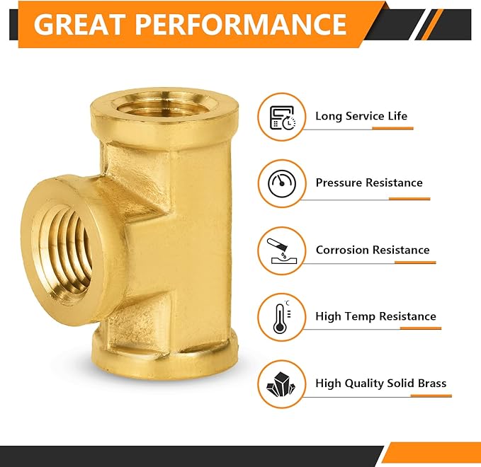 5-PCs HeSun Brass Pipe Fitting, 1/4" x 1/4" x 1/4" NPT Female Thread Tee
