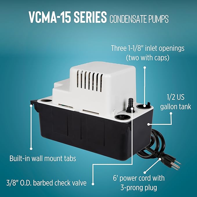 Little Giant VCMA-15UL 115 Volt, 65 GPH, 1/50 HP Automatic Condensate Removal Pump for HVAC/Refrigeration Systems/Dehumidifiers (no safety switch), 6-Foot Cord, Black/White, 554401