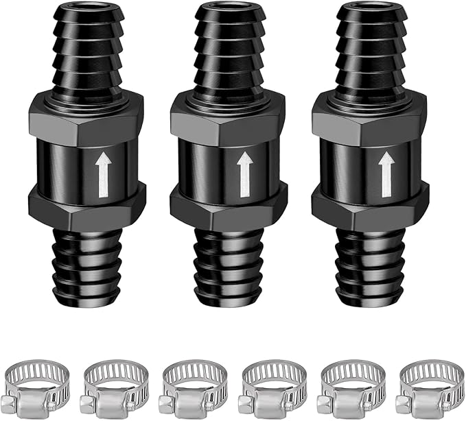 EVIL ENERGY 1/2" (12mm) Check Valve, 3 Pcs Aluminum One Way Fuel Check Valve for Gasoline, Diesel & Coolant with Universal Hose Clamps, Black