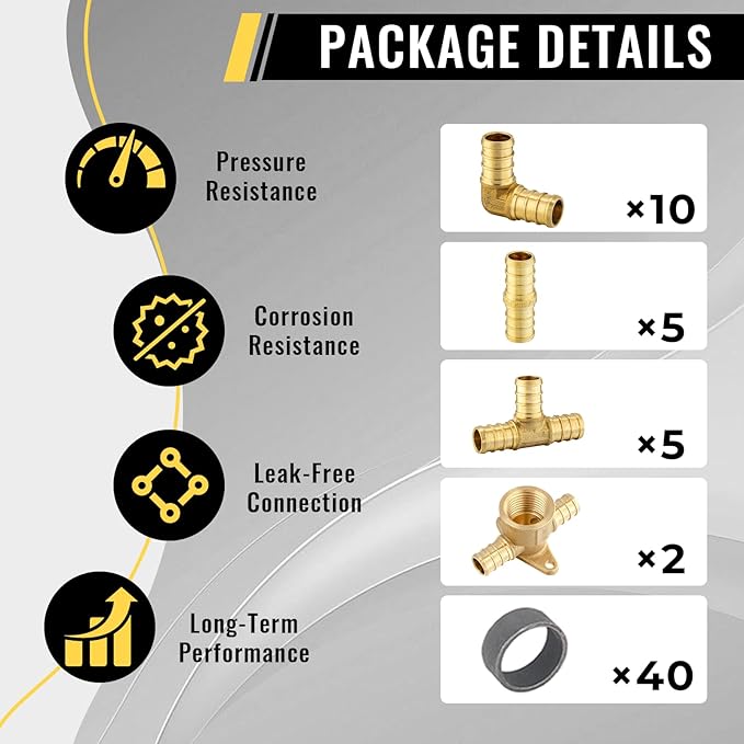 62 Pack Foskan 1/2 Inch PEX Brass Fittings Set, Includes 10pcs Elbows, 5pcs Tees, 5pcs Couplings, 2pcs Drop Ear Elbows,And 40pcs Copper Rings,PEX Crimp Barb Fitting Kit