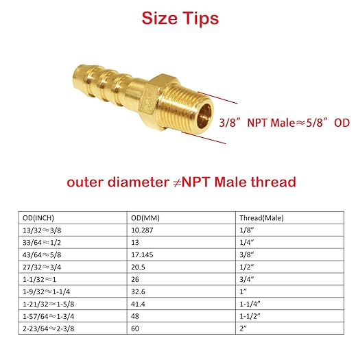 JoyTube 5 Pcs Hose Barb Fittings 1/4" Barb to 3/8" NPT Male Thread Brass Metals Adapter Connector with Hose Clamp