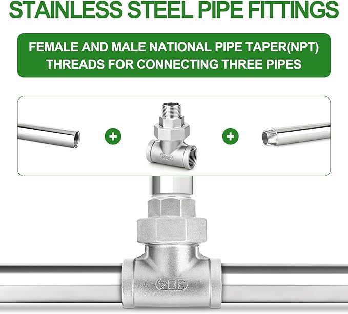 TAISHER 1PCS 304 Stainless Steel 3 Way Tee Union，3/4" NPT Female x 3/4" NPT Male x 3/4" NPT Female Cast Pipe Fitting
